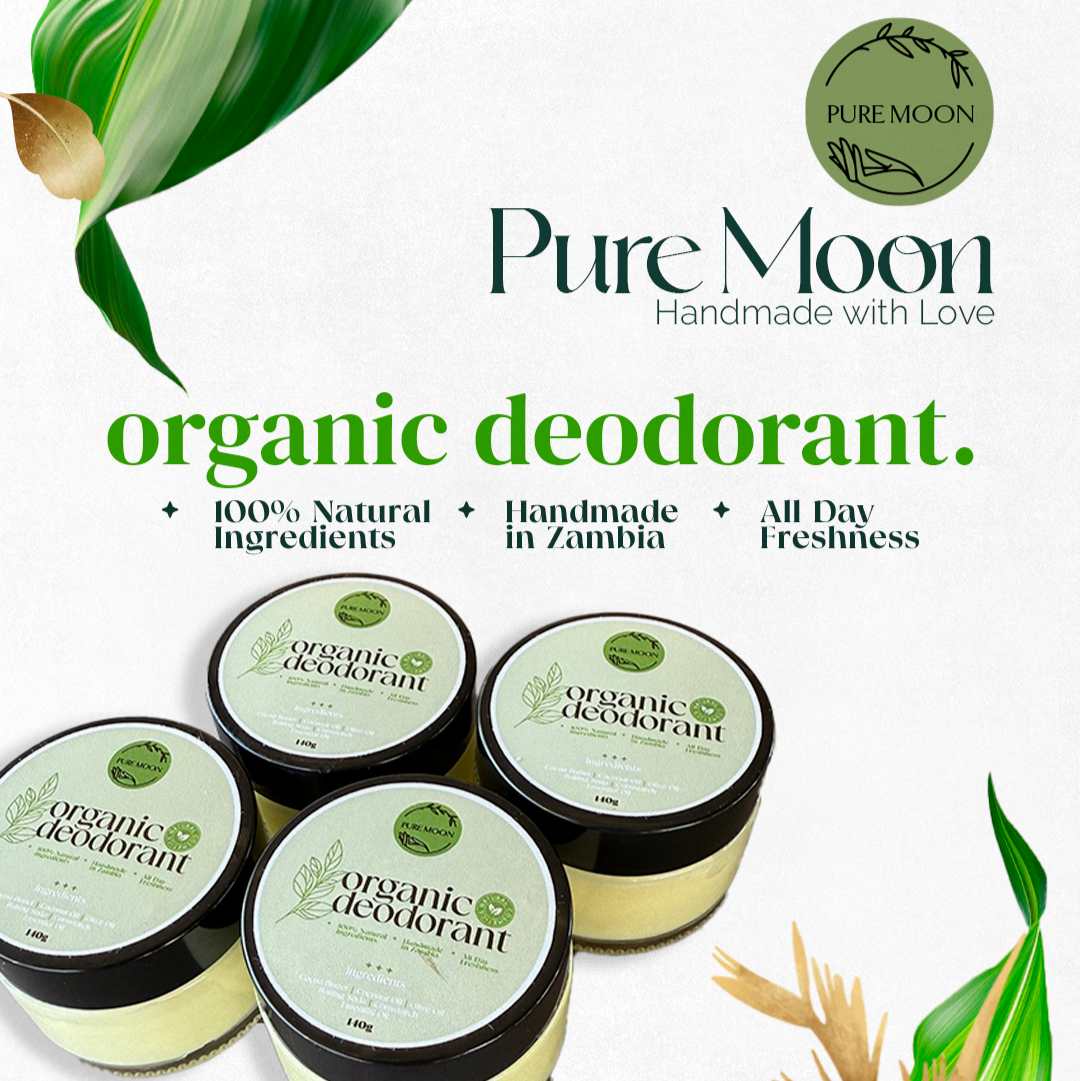 Pure Moon organic deodorant with natural ingredients and freshness claims on a white background.