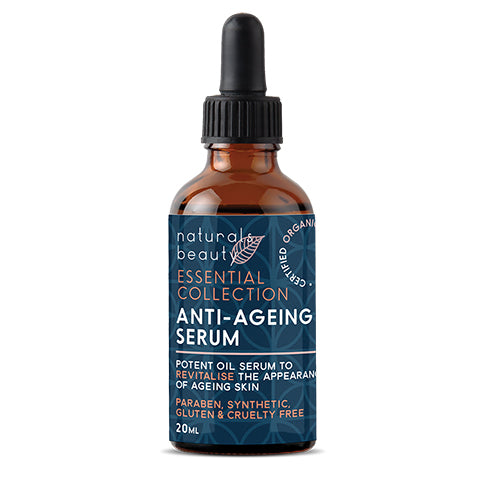 Anti-aging serum bottle with dropper on a white background