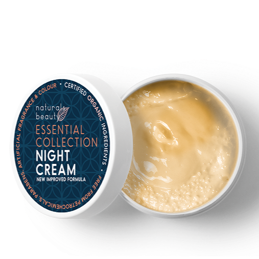 Night cream container with visible cream and blue label on a white background